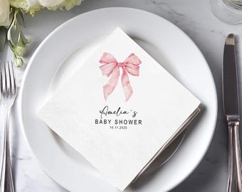 Personalized Baby Shower Napkins: Pink Bow, Modern Font