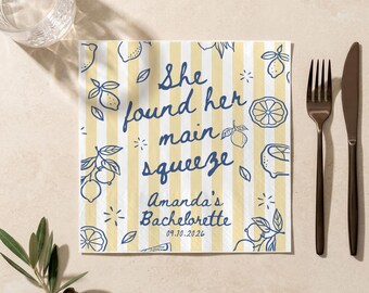 She Found Her Main Squeeze Napkins, Personalized Lemon Bachelorette Napkins, Bridal Shower Cocktail Napkins, Citrus Bride Party Decor