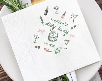 Gepersonaliseerde servetten met 'Dirty Thirty'-thema, decoratie voor een 30e verjaardagsfeest.