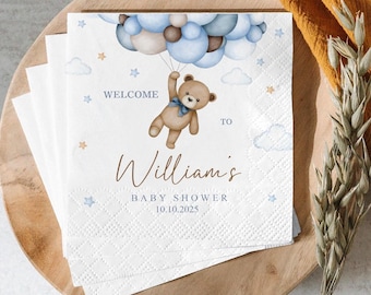 Teddy Bear Baby Shower Napkins, Beige Balloons, Personalized Party Decor
