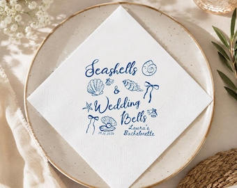 Custom Seashells & Wedding Bells Napkins, Coastal Bachelorette Napkins, Beach Bride Party Decor