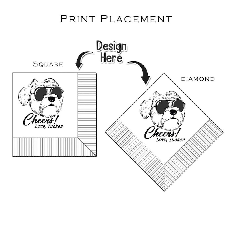 Op de afbeelding: Zwart-wit illustratie met opties voor de plaatsing van de print voor een ontwerp. Het ontwerp toont een hond met een zonnebril en de tekst "Cheers! Love, Tucker". Het ontwerp kan worden afgedrukt op een vierkante of ruitvorm.