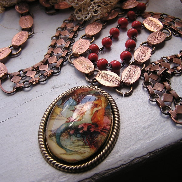 Mermaid Necklace, John Waterhouse, Arts and Crafts Style, Art Nouveau, Vintage Handmade Copper Chain, Aventurine, Amazonite, Vintage Glass