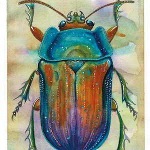 May include: Watercolour painting of a beetle with a blue, orange, and purple shell. The beetle has detailed legs and antennae, set against a soft, watercolour background. The artwork is a vibrant depiction of insect life.
