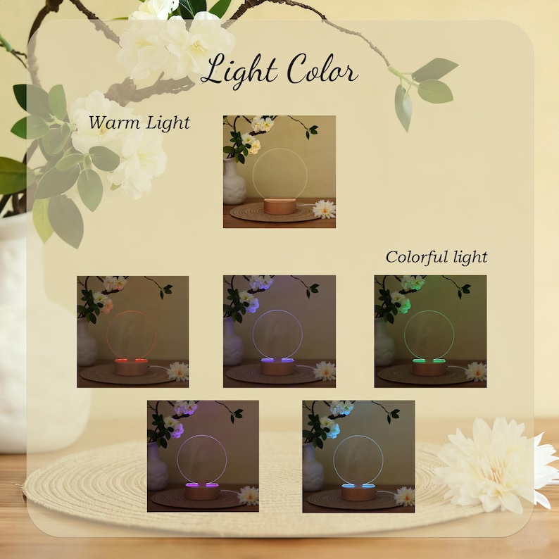 May include: A decorative lamp with a circular design, shown with warm and colorful light options. The lamp sits on a wooden base, with the words "Light Color" and "Warm Light" visible.