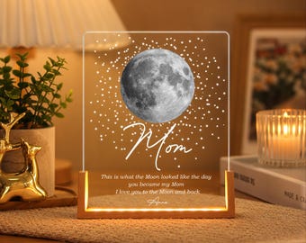 Personalised Moon Phase Night Light,LED Acrylic Lamp, Custom Name Night Lamp,The Day You Became My Mom,Gift for Mom Grandma,Bedroom Decor