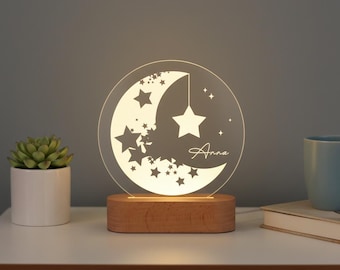 Personalised Moon & Stars Name Night Light, Night Light for Kids, Custom Acrylic Night Lamp, Perfect Gift for Baby Shower, Birthday Gifts