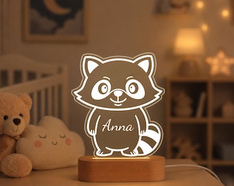 Lampada notturna personalizzata a forma di procione, luce LED per bambini e bambine, lampada notturna in acrilico con nome personalizzato, regalo perfetto per baby shower, decorazione per la cameretta.