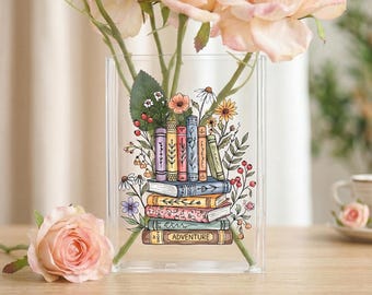 Vintage Floral Acrylic Book Vase, Floral Book Vase For Reader, Book Shaped Vase, Fantasy Bookshelf Decor, Gift for Book Lovers, Library Gift