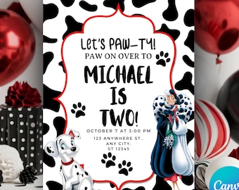 Disney Dog Theme Birthday Invitations, Cruella 101 Dalmatians Bday Invites, Lets Paw-ty Invite
