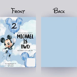 May include: A birthday invitation card featuring a light blue sky background with white clouds. The front displays a cartoon mouse character holding a blue balloon with the number 2, text reading JOIN US FOR A PARTY! MICHAEL IS TWO! OCTOBER 7 AT 3:00 PM, and address details. The back is solid light blue.