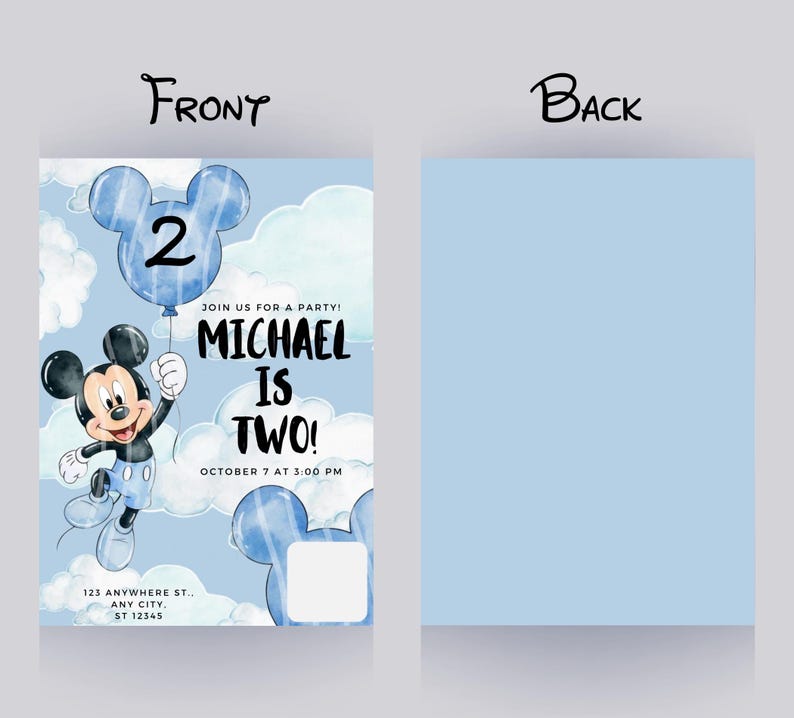 May include: A birthday invitation card featuring a light blue sky background with white clouds. The front displays a cartoon mouse character holding a blue balloon with the number 2, text reading JOIN US FOR A PARTY! MICHAEL IS TWO! OCTOBER 7 AT 3:00 PM, and address details. The back is solid light blue.