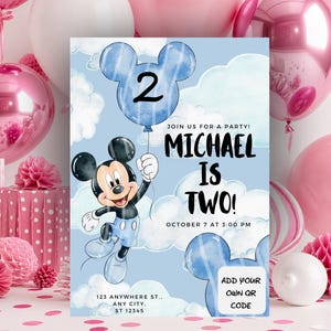 May include: A light blue birthday invitation card featuring a watercolour illustration of Mickey Mouse holding a blue balloon shaped like a head with the number 2. Text reads: JOIN US FOR A PARTY! MICHAEL IS TWO! OCTOBER 7 AT 3:00 PM, 123 ANYWHERE ST.