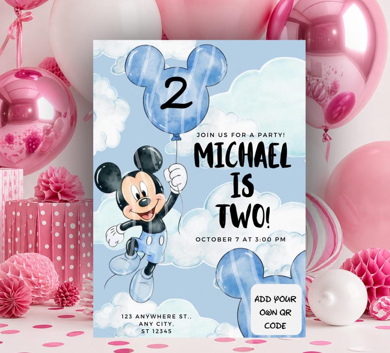 May include: A light blue birthday invitation card featuring a watercolour illustration of Mickey Mouse holding a blue balloon shaped like a head with the number 2. Text reads: JOIN US FOR A PARTY! MICHAEL IS TWO! OCTOBER 7 AT 3:00 PM, 123 ANYWHERE ST.
