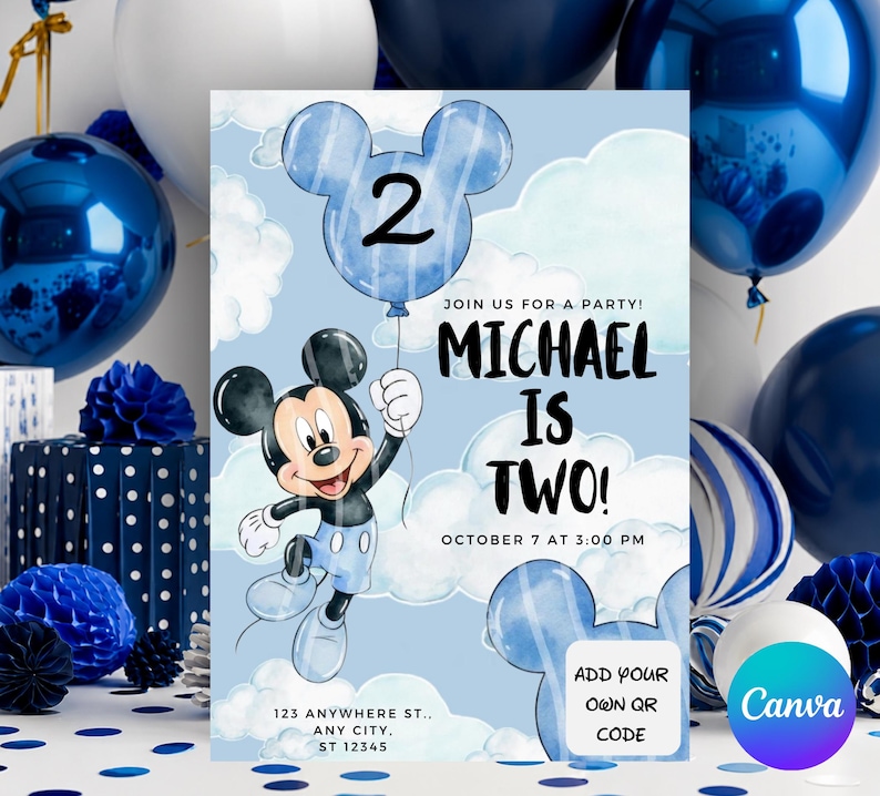May include: A light blue birthday invitation card featuring a cartoon mouse character holding a balloon shaped like a mouse head with the number 2. The text reads: JOIN US FOR A PARTY! MICHAEL IS TWO! OCTOBER 7 AT 3:00 PM 123 ANYWHERE ST. ANY CITY. ST 12345.