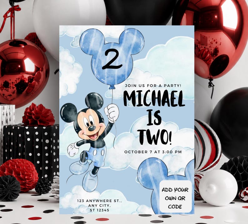 May include: A rectangular birthday invitation card featuring a light blue sky background with white clouds. Mickey Mouse holds a blue balloon with the number 2. Text reads: JOIN US FOR A PARTY! MICHAEL IS TWO! OCTOBER 7 AT 3:00 PM, 123 ANYWHERE ST..