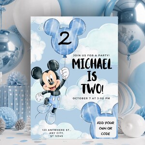 May include: A light blue birthday invitation card featuring a cartoon mouse holding a blue balloon with the number 2. Text reads: JOIN US FOR A PARTY! MICHAEL IS TWO! OCTOBER 7 AT 3:00 PM, 123 ANYWHERE ST., ANY CITY, ST 12345, and ADD YOUR OWN QR CODE.