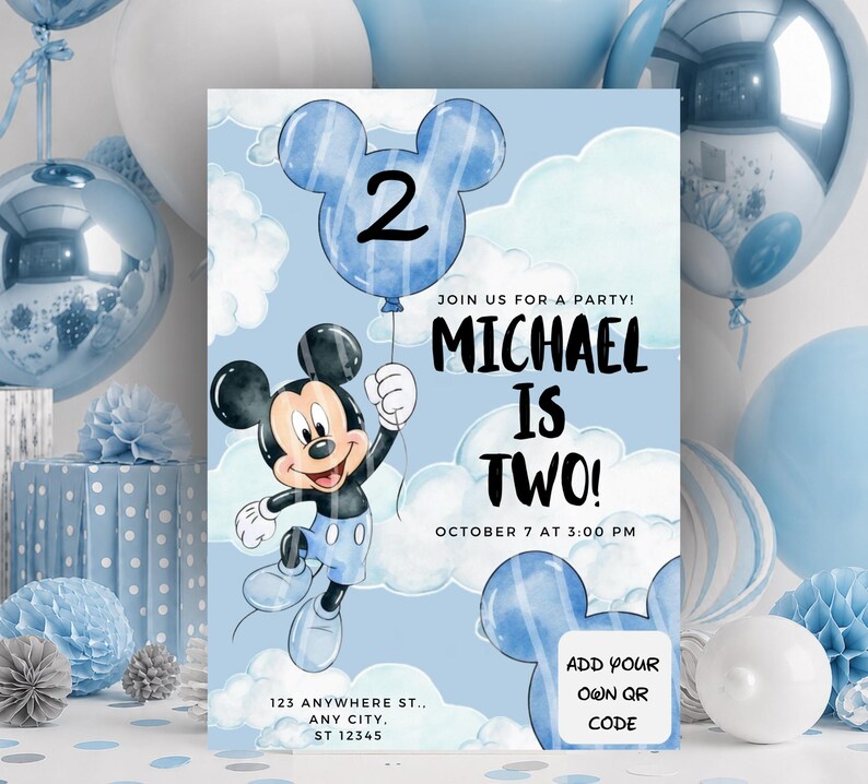 May include: A light blue birthday invitation card featuring a cartoon mouse holding a blue balloon with the number 2. Text reads: JOIN US FOR A PARTY! MICHAEL IS TWO! OCTOBER 7 AT 3:00 PM, 123 ANYWHERE ST., ANY CITY, ST 12345, and ADD YOUR OWN QR CODE.