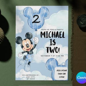 May include: A rectangular party invitation featuring a watercolour sky background with white clouds. Mickey Mouse holds a blue balloon with the number 2. Text reads: JOIN US FOR A PARTY! MICHAEL IS TWO! OCTOBER 7 AT 3:00 PM, 123 ANYWHERE ST., ANY CITY, ST 12345.