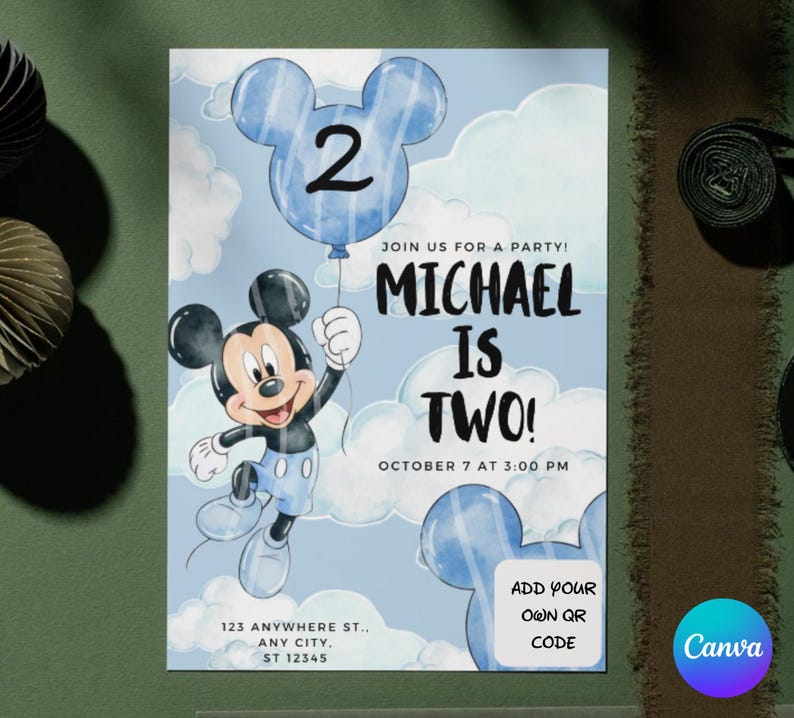 May include: A rectangular party invitation featuring a watercolour sky background with white clouds. Mickey Mouse holds a blue balloon with the number 2. Text reads: JOIN US FOR A PARTY! MICHAEL IS TWO! OCTOBER 7 AT 3:00 PM, 123 ANYWHERE ST., ANY CITY, ST 12345.