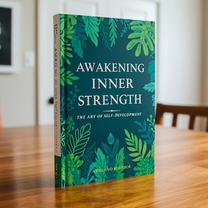 Puede incluir: Un libro azul verdoso con un patrón de hojas verdes en la portada. El título es "Awakening Inner Strength: The Art of Self-Development" de Arti Land Bidtuen.