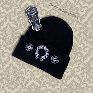 Chrom Herzen Hufeisen CH Badge Winter Beanie Mütze Schwarz Unisex Streetwear Strickmütze