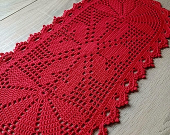 Red Crochet Doily – Handmade Oval Table Decor, 100% Cotton Lace Centerpiece