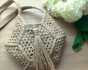 Hexagon Jute Crochet Crossbody Bag – Handmade Boho Purse with Tassel