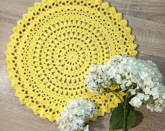 Tapete de punto amarillo – hecho a mano, decoración de mesa redonda, 100% algodón, centro de mesa de encaje
