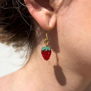 Handmade Murano Glass Small Strawberry Earrings – Cute Stainless Steel Earrings, Summer Jewelry Gift for Her, Fun Glass Berry Earrings