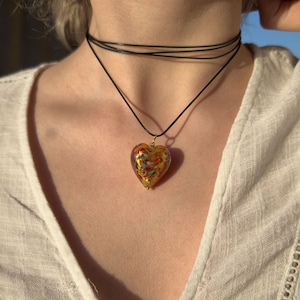 Gold Leaf Murano Glass Heart Pendant Necklace: Lampwork Millefiori