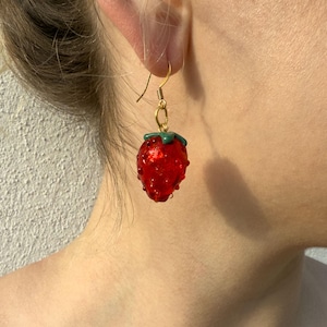 Handmade Murano Glass Real Size Strawberry Earrings – Cute Stainless Steel Earrings, Summer Jewelry Gift for Her, Fun Glass Berry Earrings