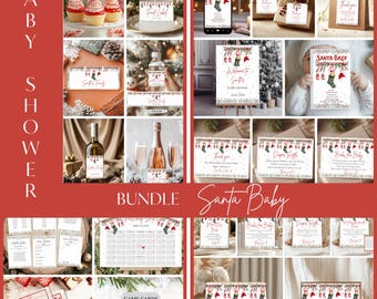 May include: A collection of Christmas-themed baby shower decorations and stationery. The bundle includes invitations, game cards, favor signs, and food labels. Designs feature Santa hats, stockings, and festive greenery. The text "Santa Baby" is prominently displayed.
