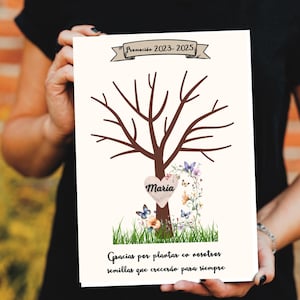 Tarjeta digital personalizable para profesora con árbol de huellas | Agradecimiento fin de curso | Tamaño A4 cerrado | Descarga digital