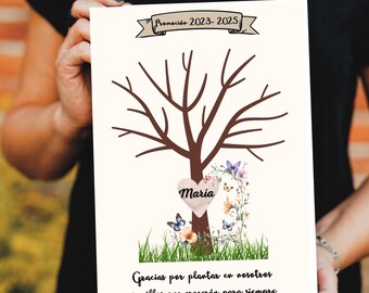 Tarjeta digital personalizable para profesora con árbol de huellas | Agradecimiento fin de curso | Tamaño A4 cerrado | Descarga digital