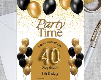 Invitación editable Canva cumpleaños dorado y negro | Fiesta adultos | Invitación digital 21 30 40 50 60 70 80 años