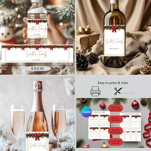 Puede incluir: Una colección de etiquetas para botellas con temática navideña. Las etiquetas presentan un diseño festivo con lazos rojos y vegetación. Las etiquetas son para vino, champán y agua. Las etiquetas miden 20.3 x 5.1 cm.