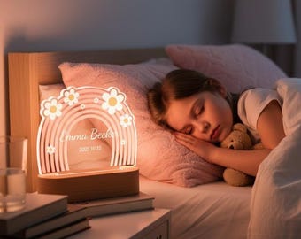 Pink Flowers Rainbow Night Light, Custom Girl's Lamp With Name, Personalized Bedroom Night Light,Children's Night Light, Cute Gift for Kids