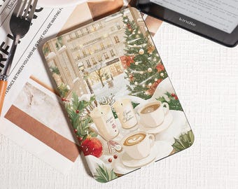 Weihnachtscafe Szene mit Getränken und Baum Kindle Hülle, Kindle PaperWhite 2025 Hülle, Kobo Clara Bow Hülle, Kindle 12./2024 (6 ") Hülle, Geschenk für Sie