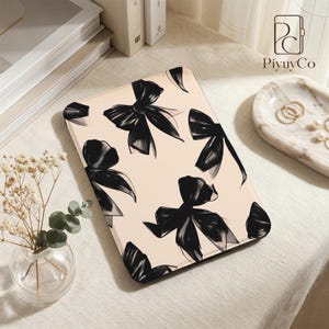 Black Ribbon Bows Kindle Case, Personalized Cover for Paperwhite 10th 11th 12th, Blush Fashion Pattern with Hand Strap, Gift for Book Lovers