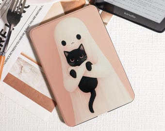 Niedlicher Geist, der schwarze Katze umarmt Kindle-Hülle, Kindle PaperWhite 2025, Kobo Clara Bow Case, Kindle 12./2024 (6 ") Hülle, Perfekt für Halloween