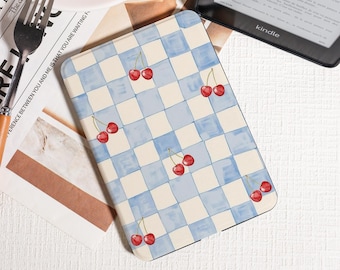 Aquarell Blau Gingham & Kirschbaum Kindle (Alle Kindle Modelle, inklusive Paperwhite 6.8") - Frischer Sommer - Inspirierte Hülle, Süßes künstlerisches Geschenk