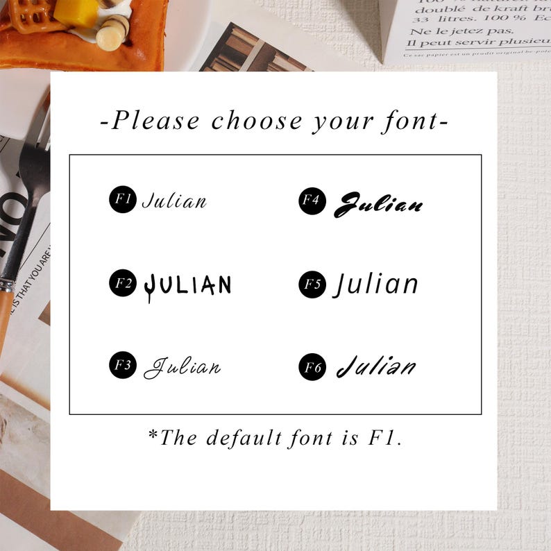May include: A white background displays six font options for the name "Julian". Each font choice is labeled with an "F" followed by a number. The text "-Please choose your font-" and "*The default font is F1." are also present.