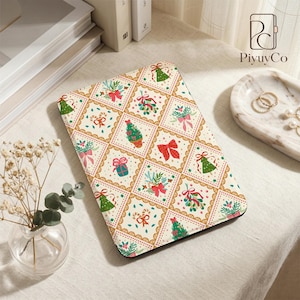Festive Diamond Tiles Kindle Case, Personalized Cover for Paperwhite 10th 11th 12th, Retro Xmas Pattern with Hand Strap, Gifts for Readers