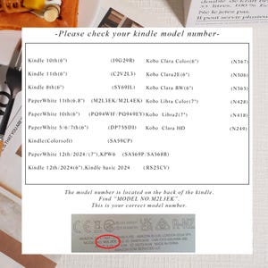 May include: A white paper with a list of Kindle models and their corresponding model numbers. The text "MODEL NO. M2L3EK" is highlighted. The bottom of the paper shows a Kindle product label.