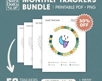 May include: A printable monthly tracker bundle with 50 trackers, including a sleep tracker, tea tracker, exercise tracker, and fruit tracker. The trackers are designed in a circular format with a colorful design. The text "MONTHLY TRACKERS BUNDLE | PRINTABLE PDF PNG" is at the top of the image. The text "30% OFF" is in a red circle at the top right of the image. The text "50 TRACKERS INCLUDED" is at the bottom left of the image. The text "US LETTER A4 A5" is at the bottom center of the image. The text "INSTANT DOWNLOAD" is at the bottom right of the image.