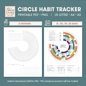 Circle Habit Tracker | Printable Monthly Habit Track | Habit Challenge | Motivation Planner | US Letter, A4, A5 | PNG PDF | Instant Download