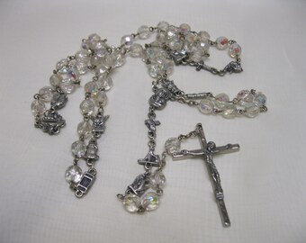 Vintage Aurora Borealis Rosary Beads Italy Pewter Charms Mary Jesus Catholic Religious Jewelry