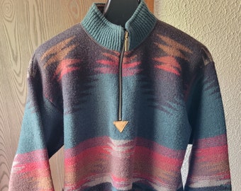 Vintage Mens Orvis Aztec Wool Sweater Sz L Quarter Zip Southwest Pullover Indian Navajo Jacket