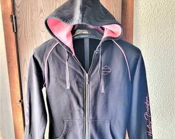 Vintage Ladies Harley Davidson Hoodie Jacket Black with Pink Accents Pink Label Fleece Sz M